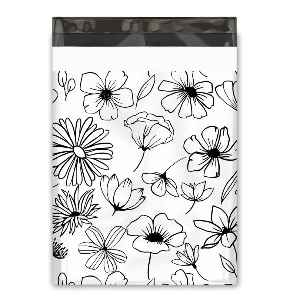 Black & White Sketched Floral Poly Mailer’s 10x13 Pack of 25 - Picture 2 of 7